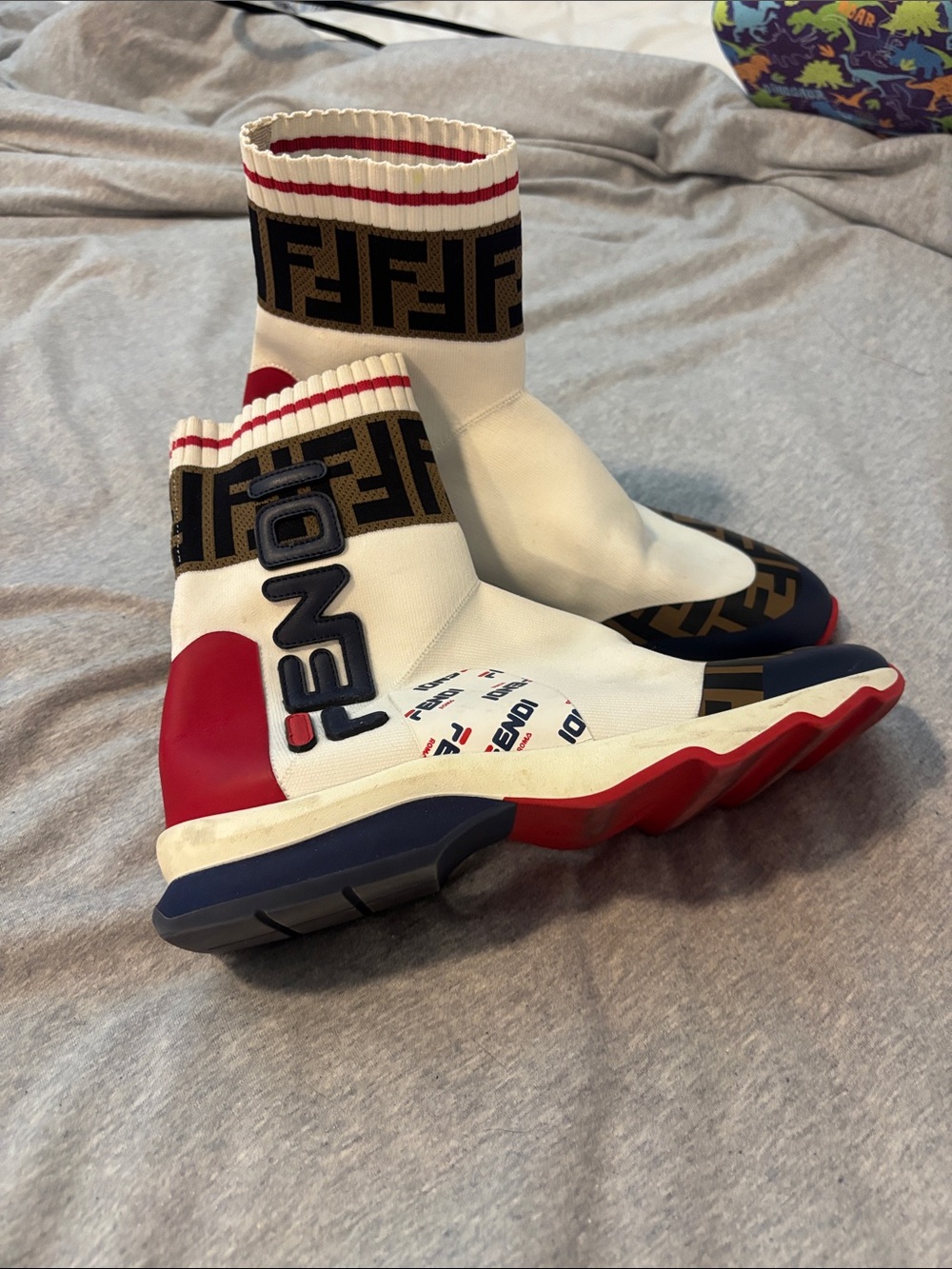 Fendi  White, Red & Navy FF Logo Sock Sneakers